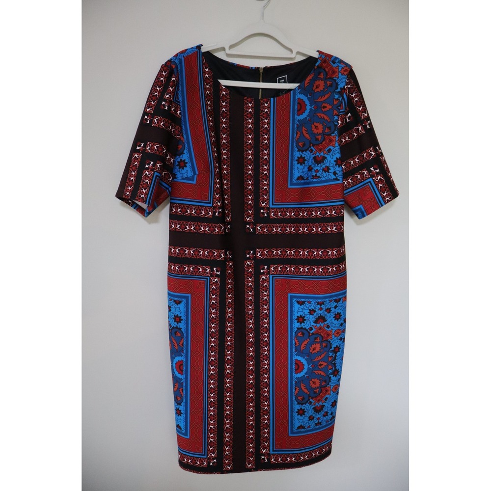 Boho Scarf Print RMLL Shift Dress 14 Red Blue Geometric Floral Retro Sleeved